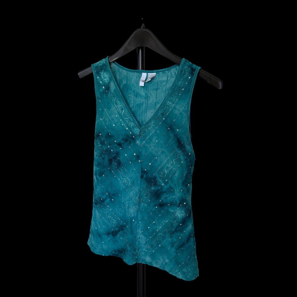 Y2K Womens Teal Green‎ Tie Dye Sequin Embroidered V-Neck Tank Top Small